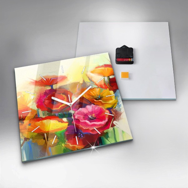 Square glass wall clock Colorful poppies