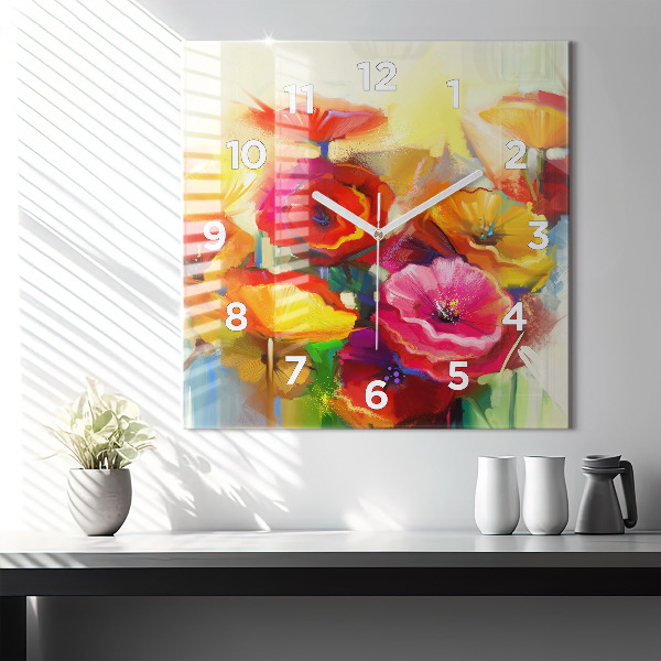 Square glass wall clock Colorful poppies