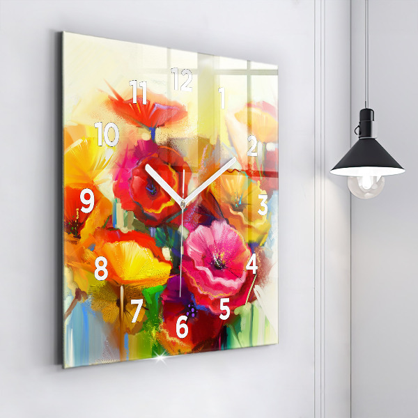 Square glass wall clock Colorful poppies