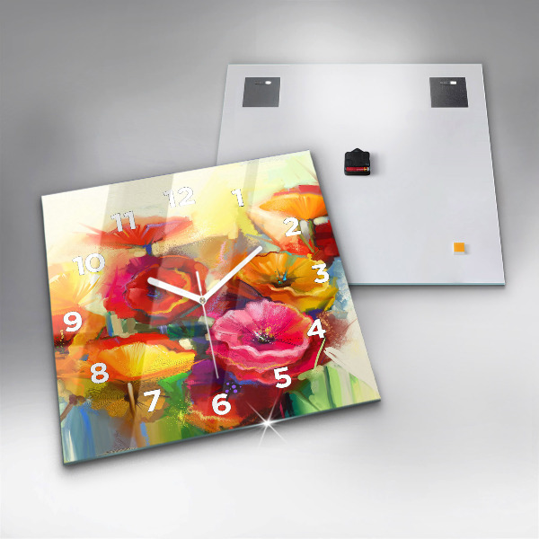 Square glass wall clock Colorful poppies