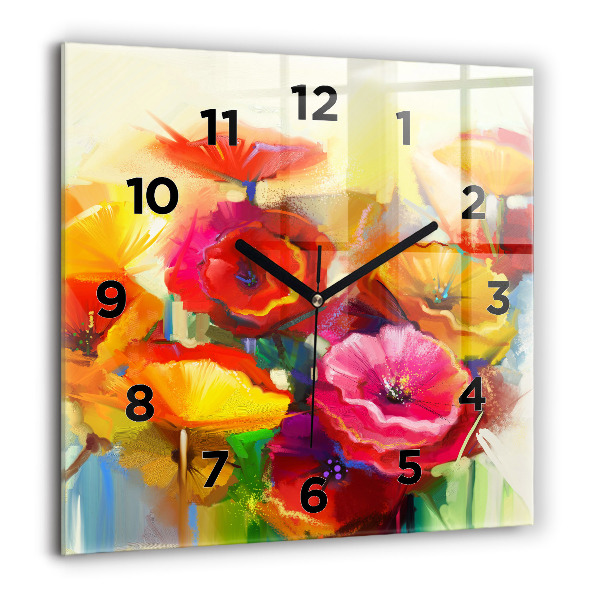 Square glass wall clock Colorful poppies