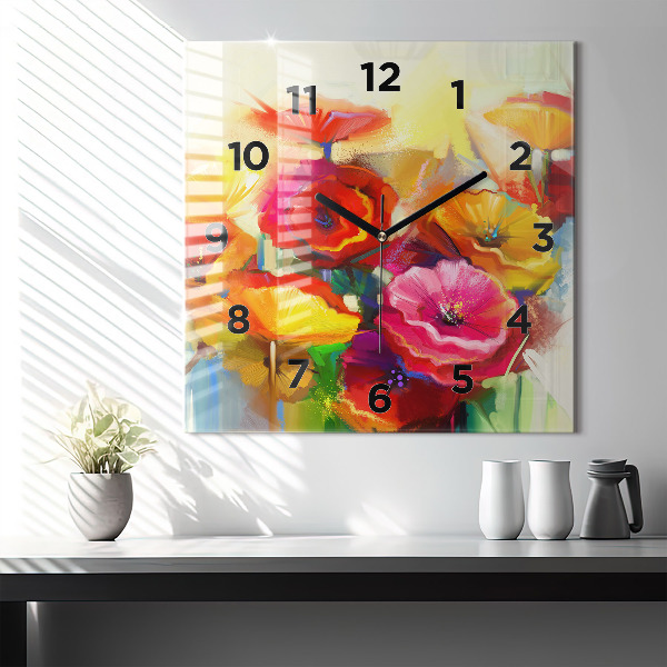 Square glass wall clock Colorful poppies
