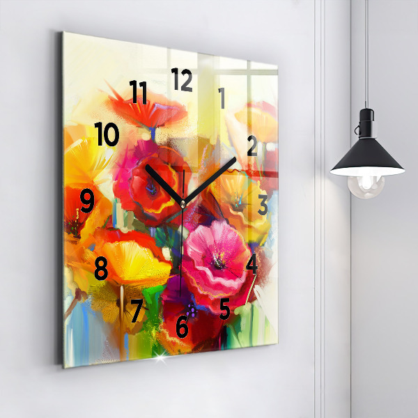 Square glass wall clock Colorful poppies