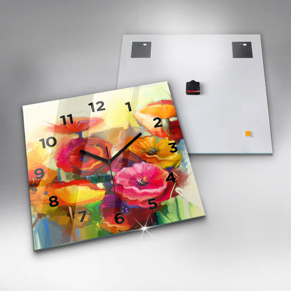 Square glass wall clock Colorful poppies