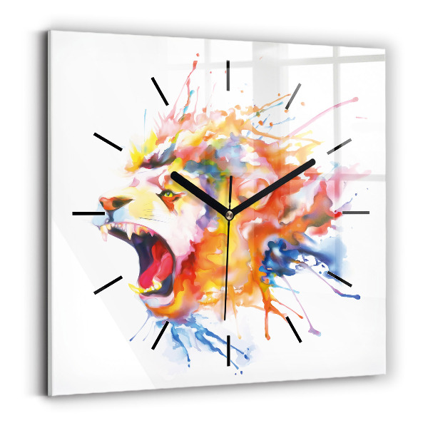 Square glass wall clock Lion - watercolor