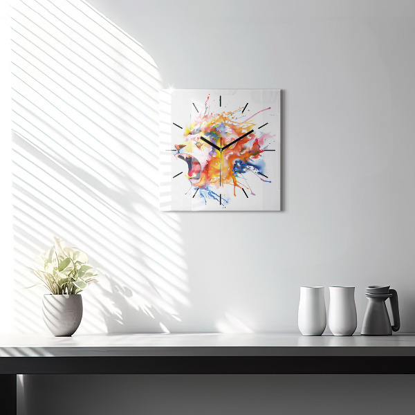 Square glass wall clock Lion - watercolor