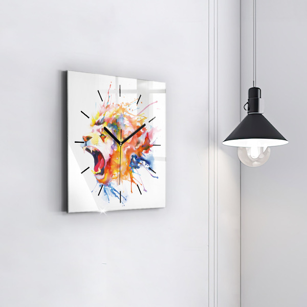 Square glass wall clock Lion - watercolor