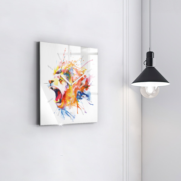 Square glass wall clock Lion - watercolor