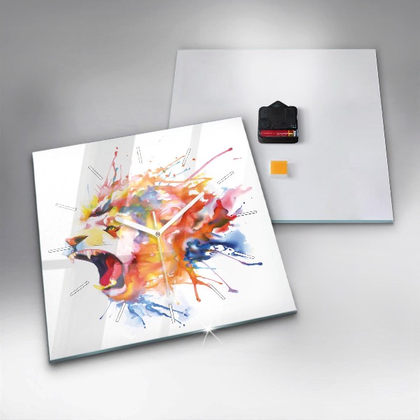 Square glass wall clock Lion - watercolor