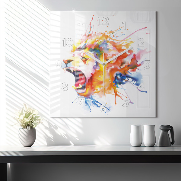 Square glass wall clock Lion - watercolor