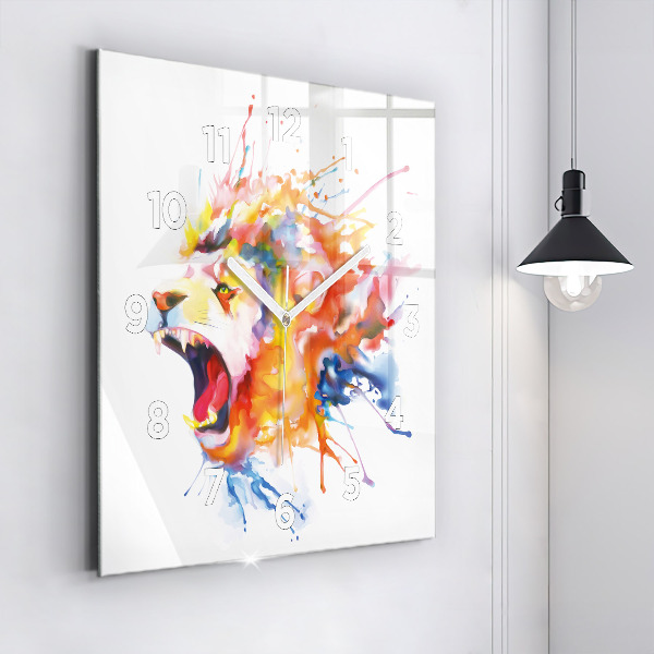 Square glass wall clock Lion - watercolor