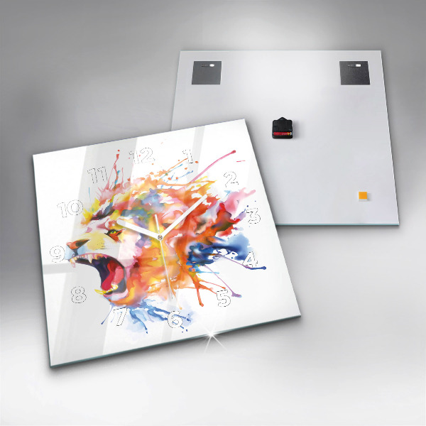 Square glass wall clock Lion - watercolor