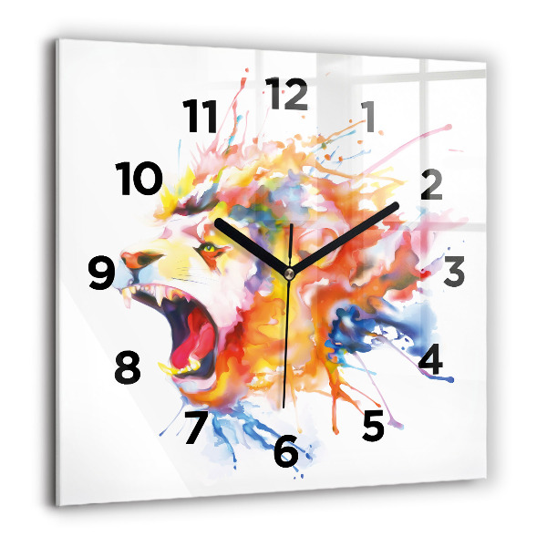 Square glass wall clock Lion - watercolor