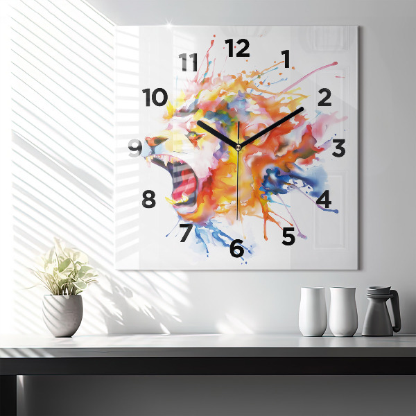 Square glass wall clock Lion - watercolor