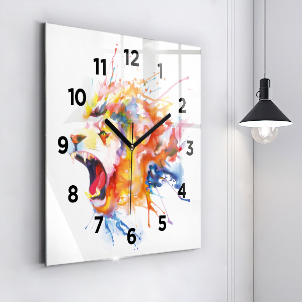 Square glass wall clock Lion - watercolor