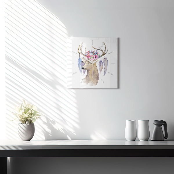 Square glass wall clock Deer head and flowers