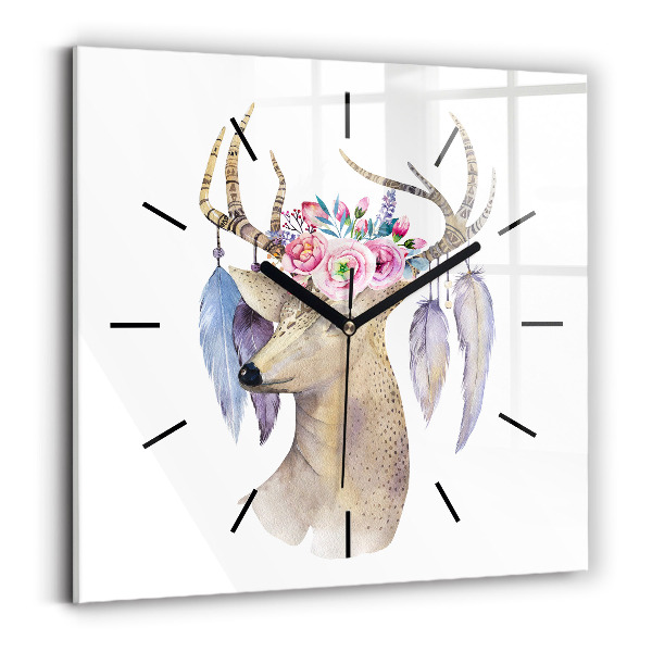 Square glass wall clock Deer head and flowers