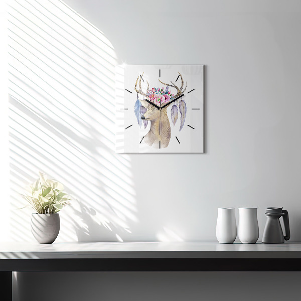 Square glass wall clock Deer head and flowers