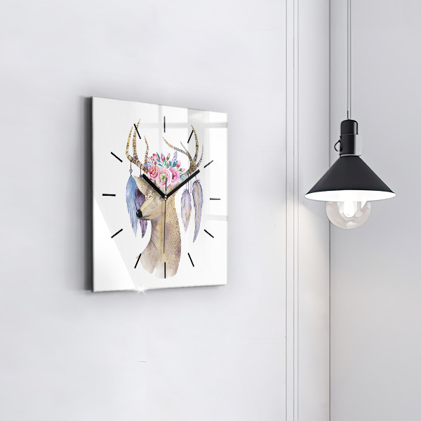 Square glass wall clock Deer head and flowers