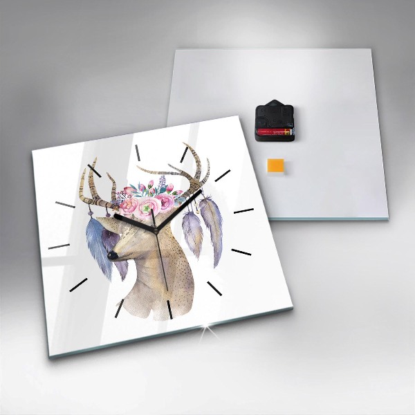 Square glass wall clock Deer head and flowers