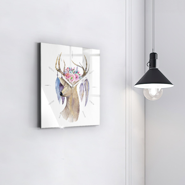 Square glass wall clock Deer head and flowers