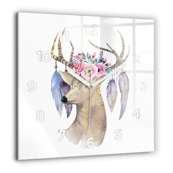 Square glass wall clock Deer head and flowers