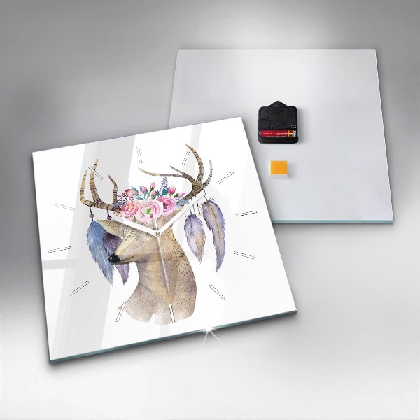 Square glass wall clock Deer head and flowers