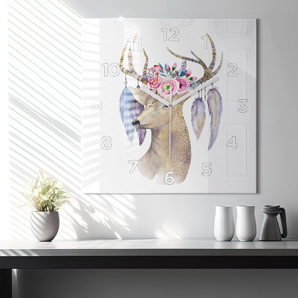 Square glass wall clock Deer head and flowers