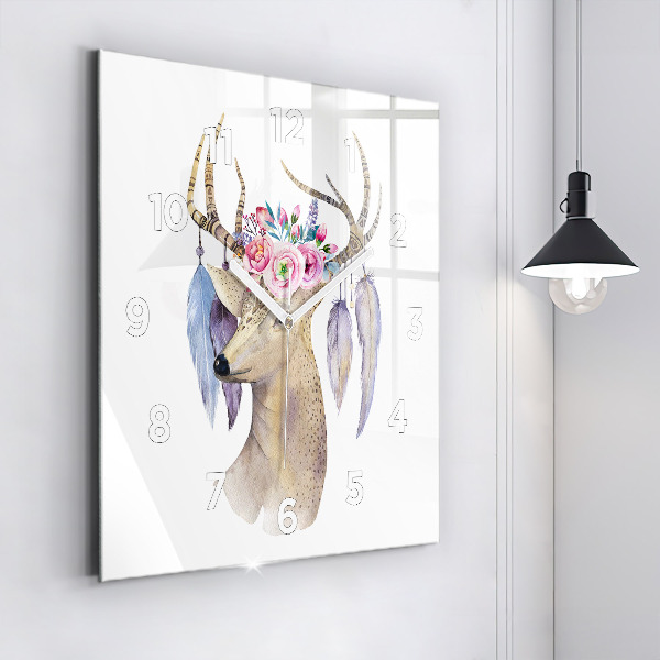 Square glass wall clock Deer head and flowers