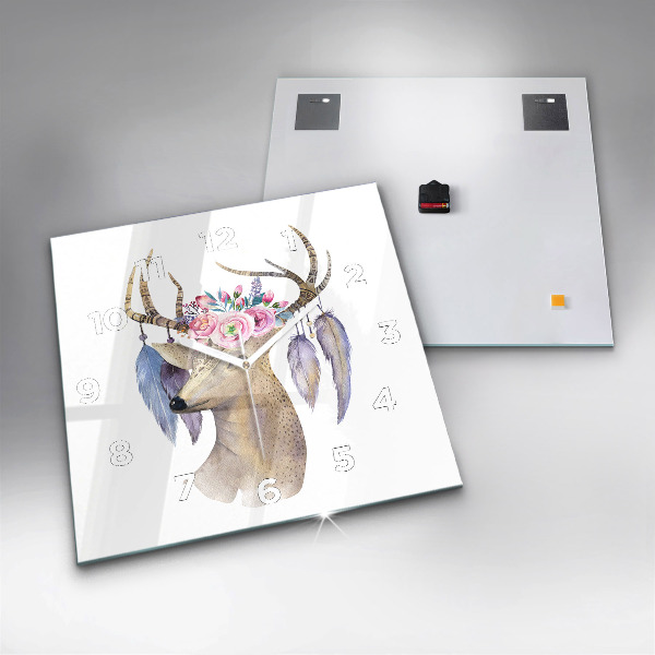 Square glass wall clock Deer head and flowers
