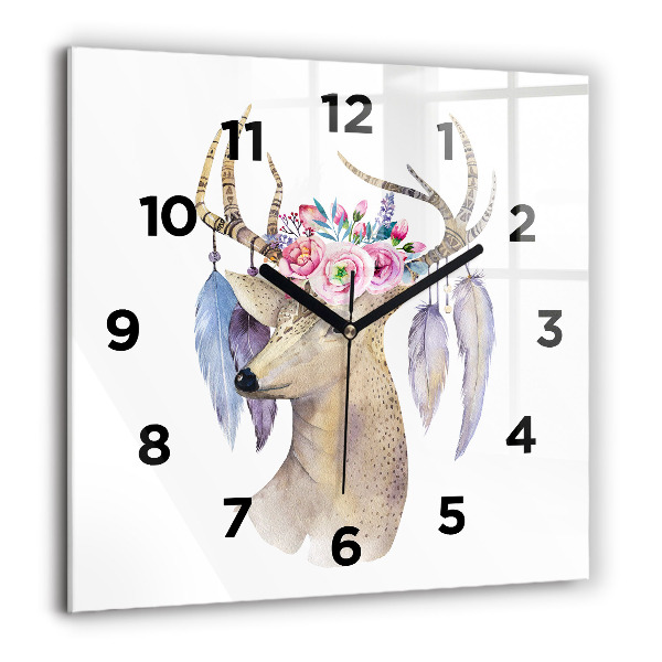 Square glass wall clock Deer head and flowers