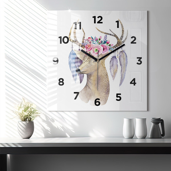 Square glass wall clock Deer head and flowers