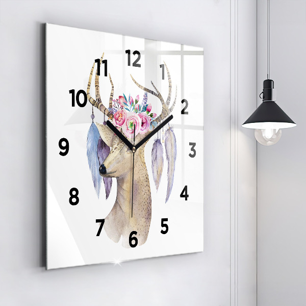 Square glass wall clock Deer head and flowers