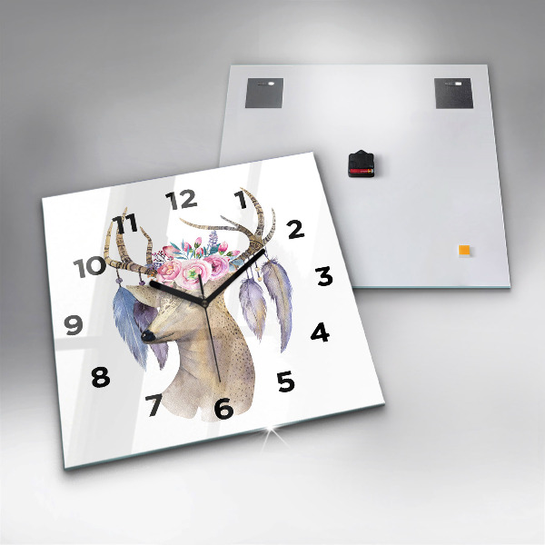 Square glass wall clock Deer head and flowers