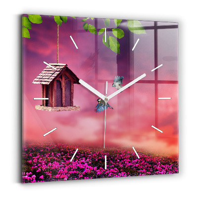 Square glass wall clock Birdhouse
