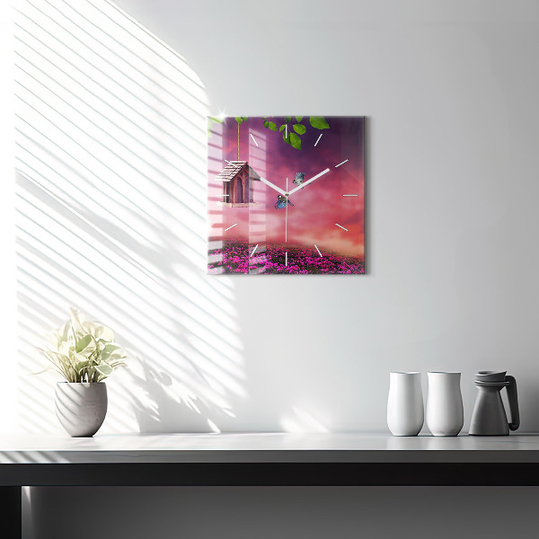 Square glass wall clock Birdhouse