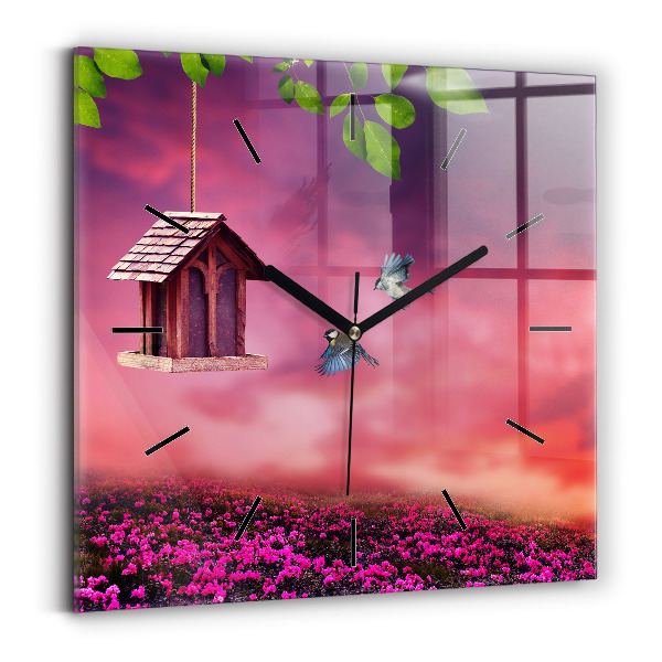 Square glass wall clock Birdhouse