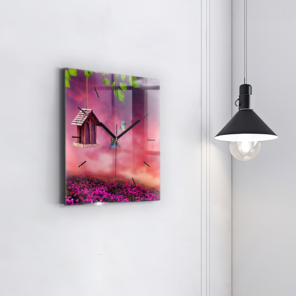 Square glass wall clock Birdhouse