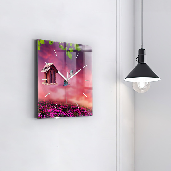 Square glass wall clock Birdhouse