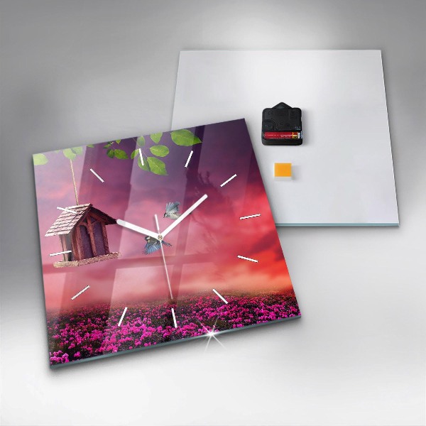 Square glass wall clock Birdhouse