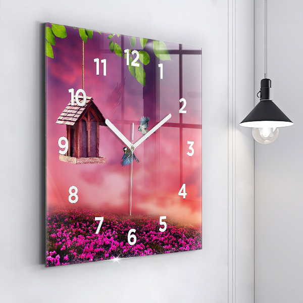 Square glass wall clock Birdhouse