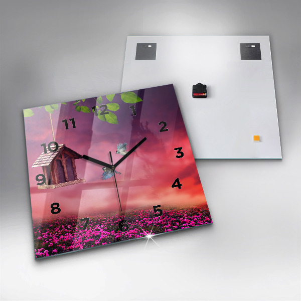 Square glass wall clock Birdhouse