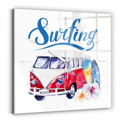 Square glass wall clock Car and Surfing sign