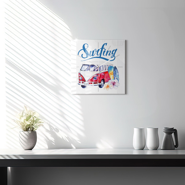 Square glass wall clock Car and Surfing sign