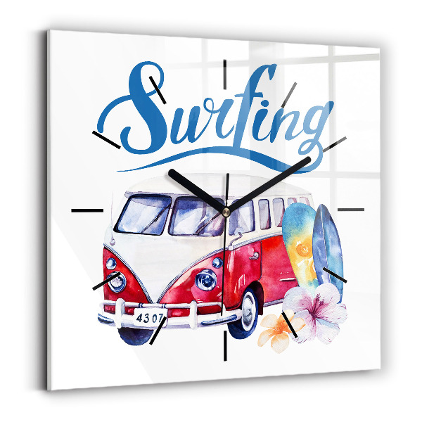 Square glass wall clock Car and Surfing sign