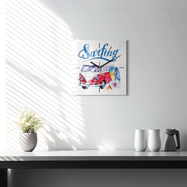 Square glass wall clock Car and Surfing sign