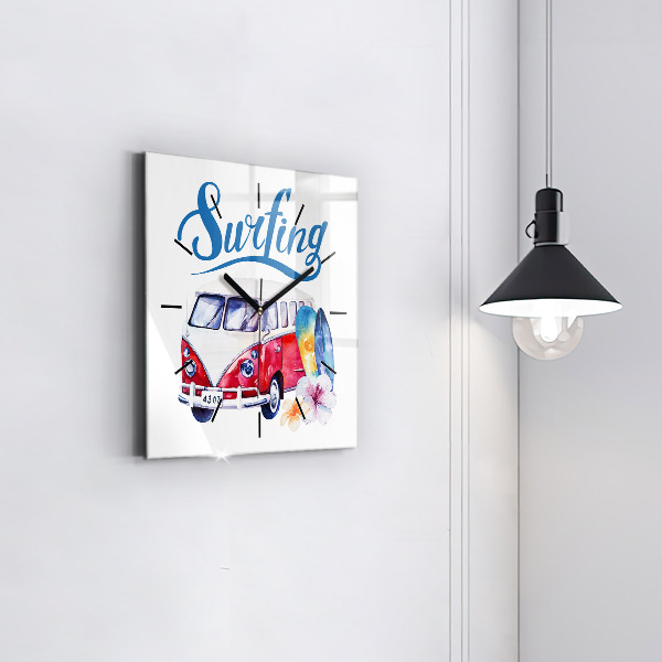 Square glass wall clock Car and Surfing sign