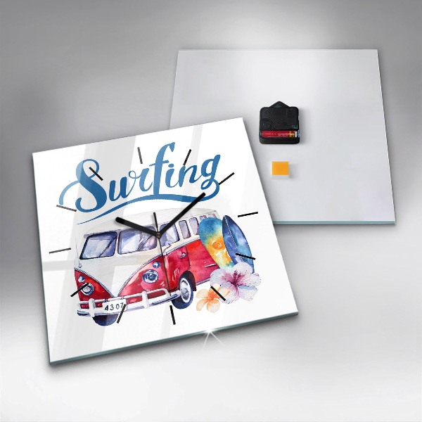 Square glass wall clock Car and Surfing sign