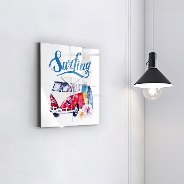 Square glass wall clock Car and Surfing sign