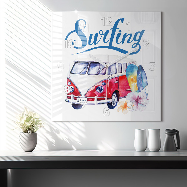 Square glass wall clock Car and Surfing sign